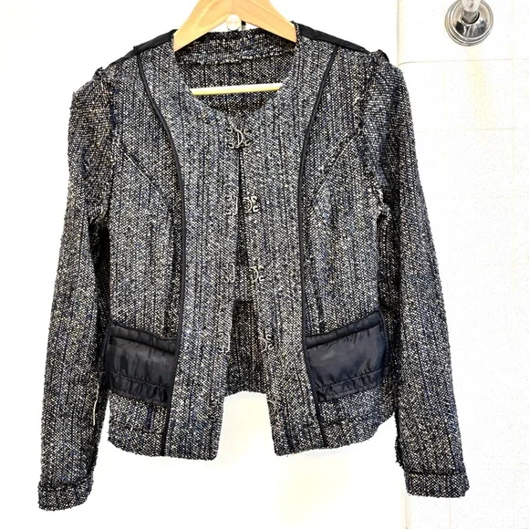 Willi Smith Black Cream Blue Tweed Size Large fits like Small Wool Blend Blazer - Picture 5 of 12